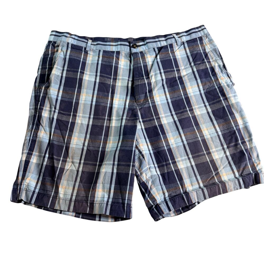 Greg Norman Plaid Golf Shorts Mens 38 Blue Navy Cotton Flat Front Casual Shorts